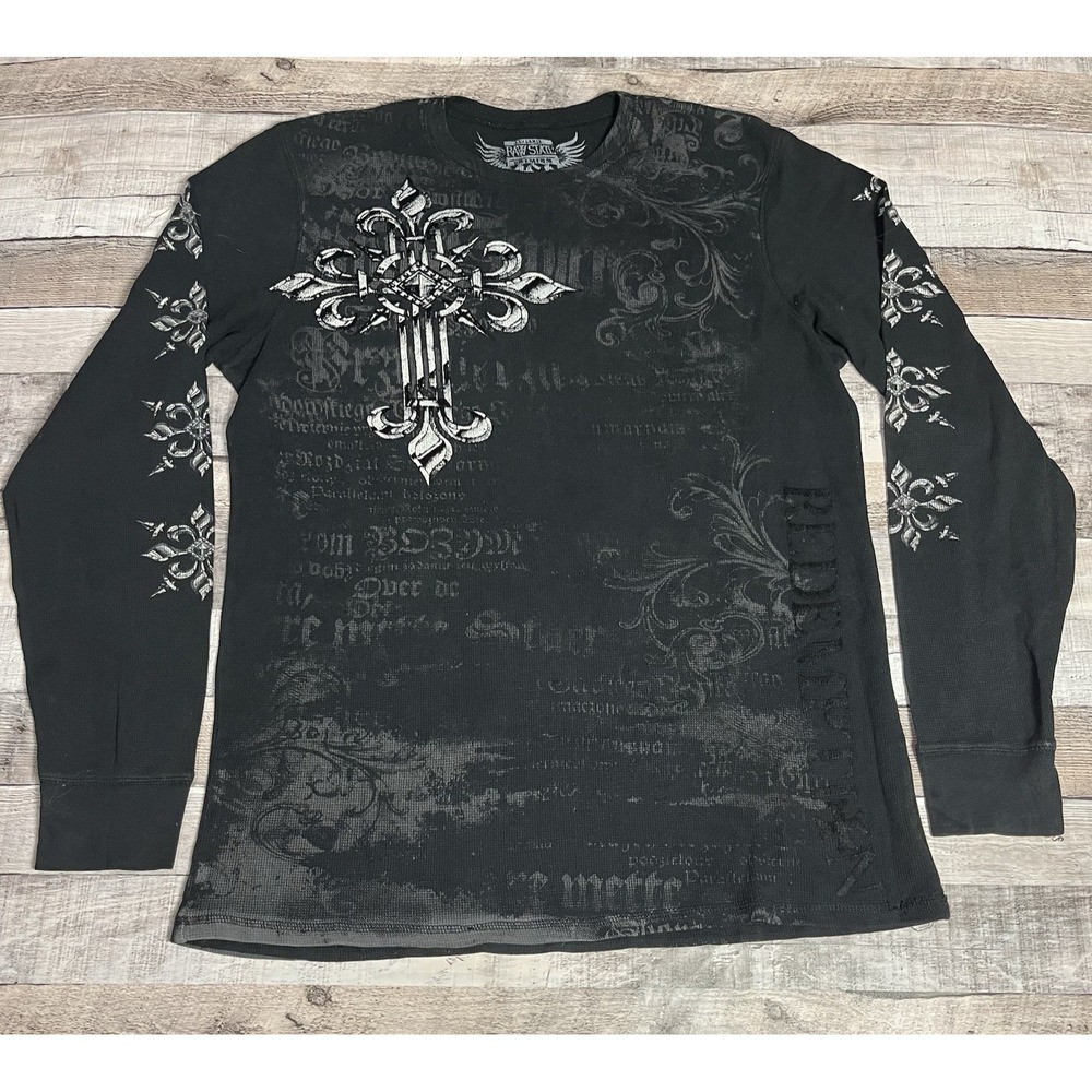 Raw State Thermal Shirt Size 2XL Black Y2K Punk Grunge Cross Wings
